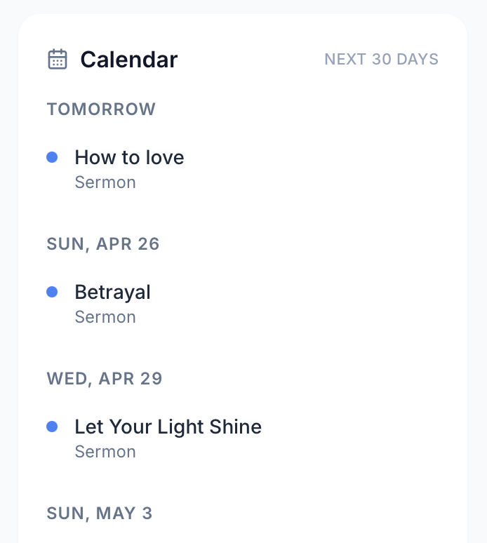 30-day church service calendar in ServantSuite