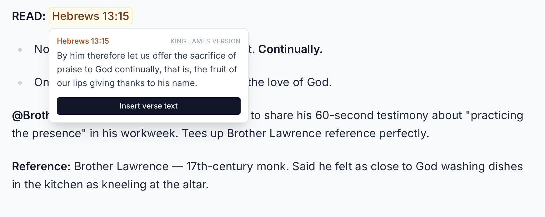 Hovering a Hebrews 13:15 reference in the editor shows the verse with an Insert verse text button