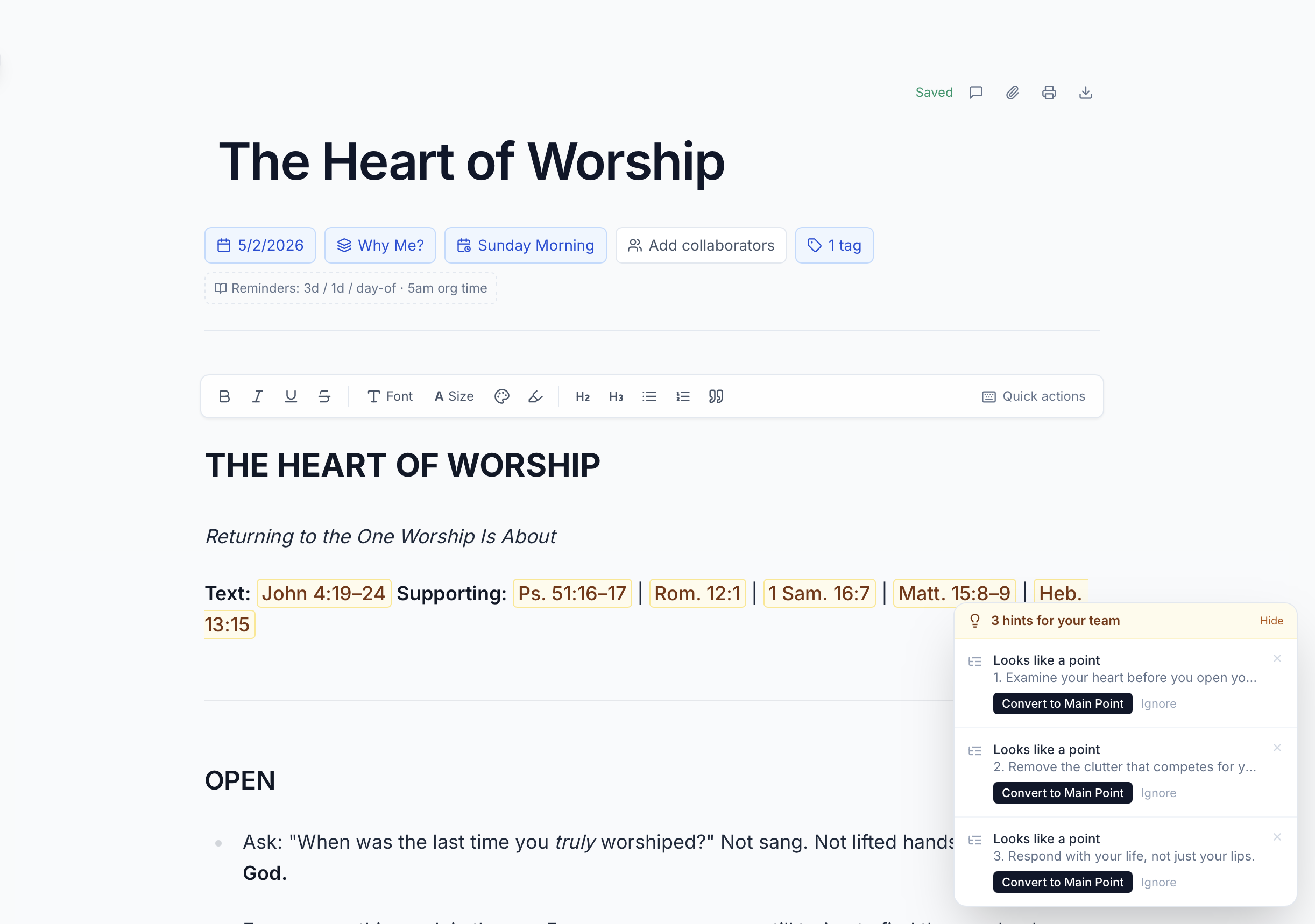 ServantSuite sermon editor with scripture hover-cards and team hints