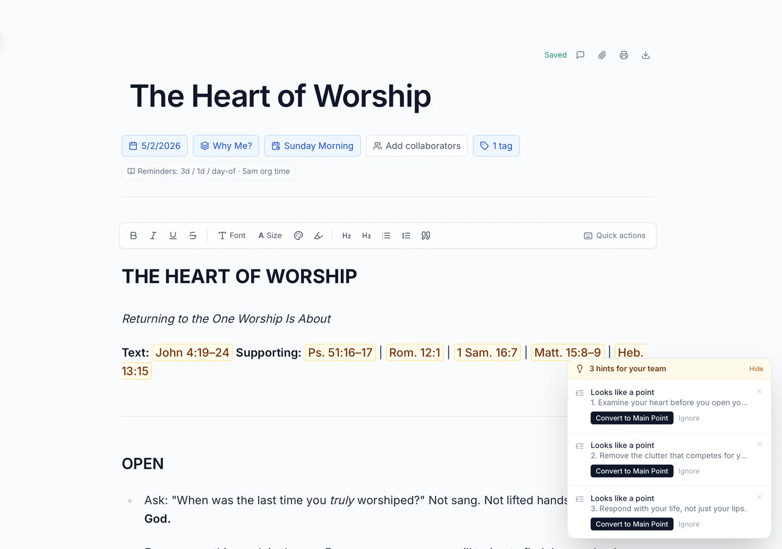 ServantSuite sermon editor with scripture hover-cards and team hints