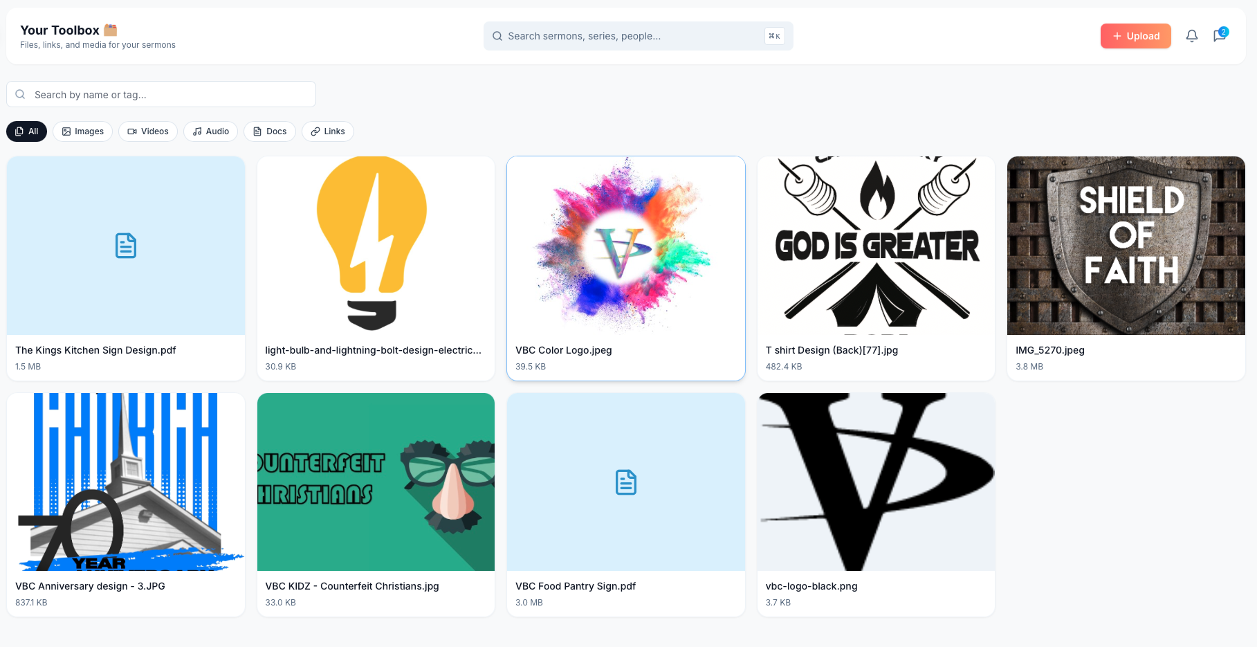 ServantSuite Toolbox showing sermon graphics, logos, designs, and PDFs