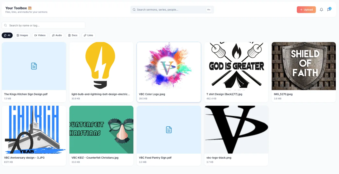 The Toolbox: a grid of a church's slides, graphics and files, filterable by type