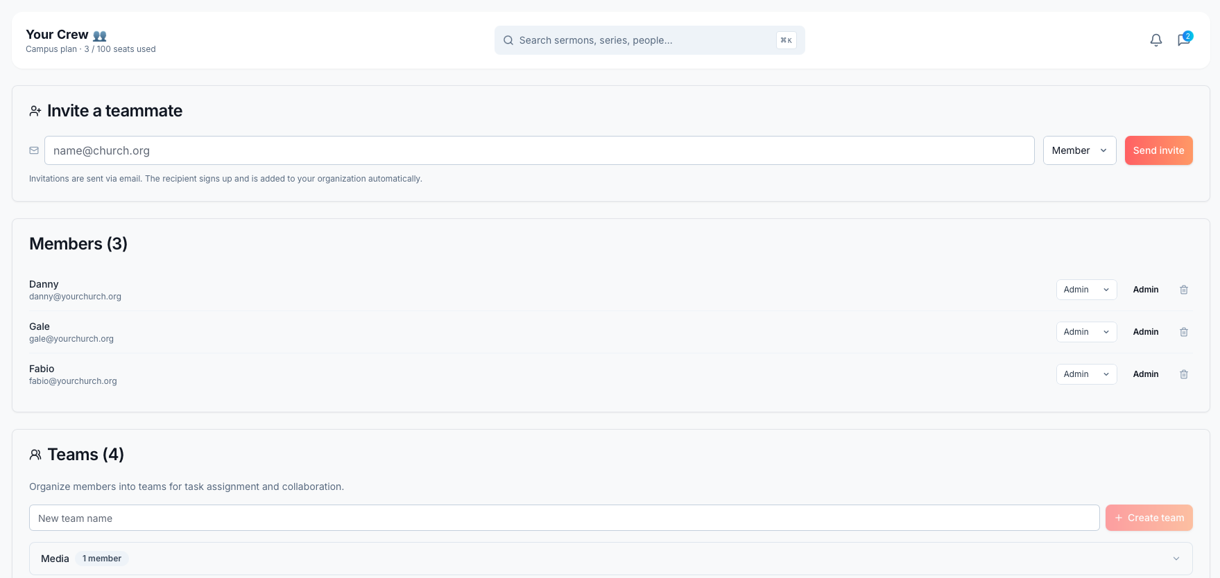 ServantSuite team management with members and teams